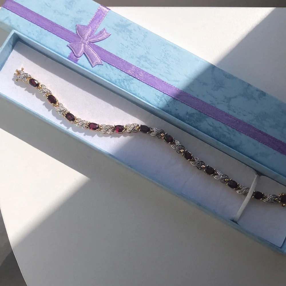 Sterling Natural Garnet Diamond Cut Crossover Vermeil Gold Tennis Bracelet - Picture 6 of 13